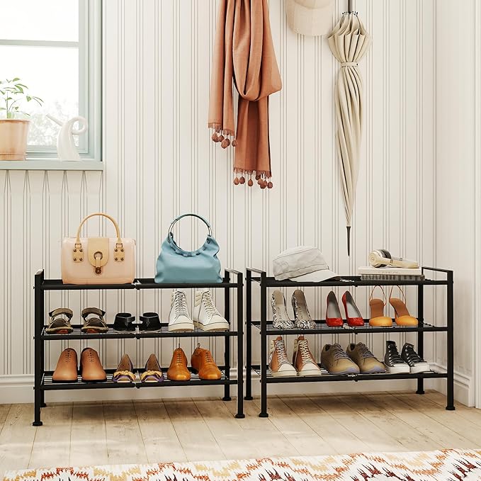 DongRong 3 Tier Shoe Rack for Closet,Adjustable Metal Shoe Storage Organizer Utility Shelf for Entryway, Dorm Room,Bedroom,Heavy Duty Shelf (Black, 3 Tier)