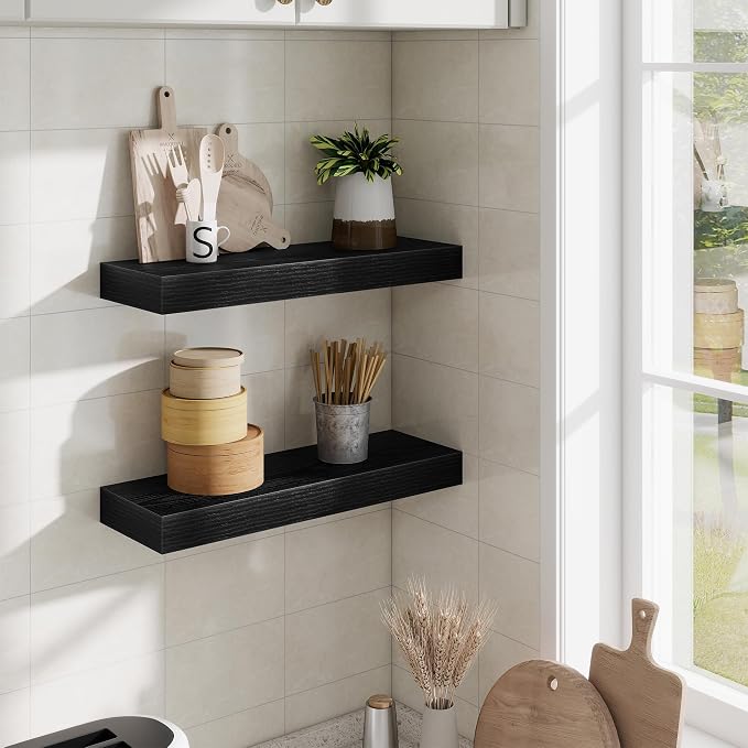 Fun Memories Floating Shelves Bathroom for Wall Mounted Shelves, 20 Inch Wood Shelf Set of 2, Home Storage & Display Decor, Black