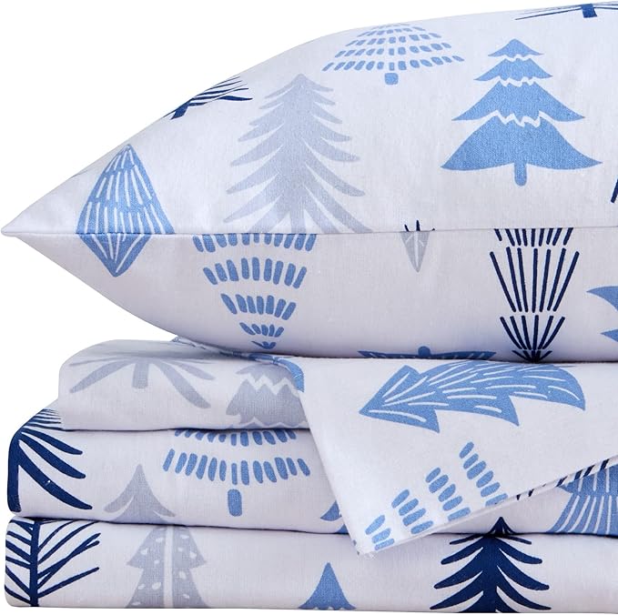 Market & Place 100% Turkish Cotton Flannel Sheet Set | 4 Piece Deep Pocket Novelty Cozy Winter Bed Sheets | Double Brushed for Extra Softness & Comfort | Alpine Collection (Queen, Blue Forest)