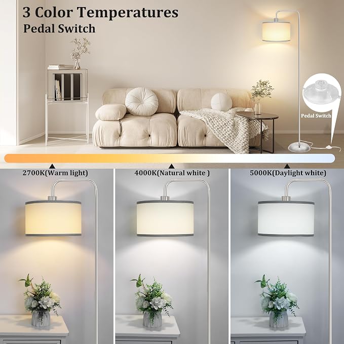 [Upgraded] LED Floor Lamp for Living Room, 3 Color Temperature Floor Lamp with Foot Switch Modern Standing Lamp Tall Pole Floor Reading Lamp for Bedroom, Study Room, Office, 9W Bulb Included, Silver