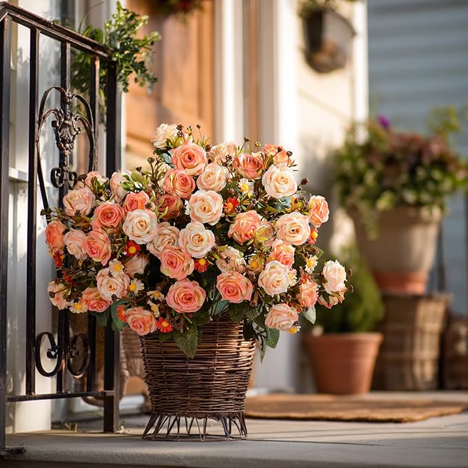 Artificial Rose Flowers for Outdoor 4 Bundles Rose Bouquet with Daisy Faux Flowers UV Resistant for Home Indoor Outside Garden Porch Window Box Balcony Yard Porch Fall Decor (Orange)