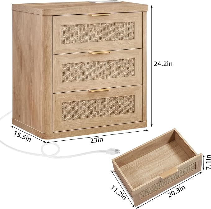 LEYAOYAO Rattan Night Stand with Charger Station, 23" Large 3 Drawer Boho Nightstand, Natural Wood Bedside Table Storage Cabinet, Bed Side End Tables for Bedroom, Living Room, Hallway