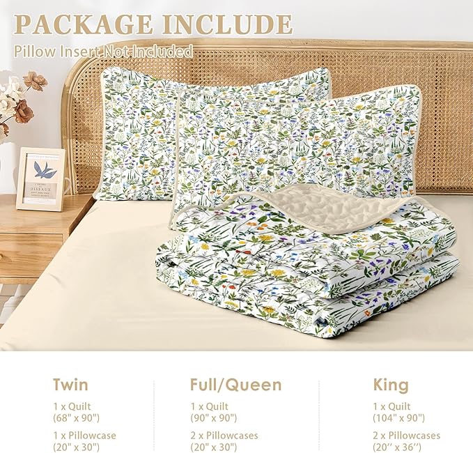 Quilt Set Twin Size, Garden Floral 2 Pcs Soft Bed Cover Bedding Set, Country Rustic Farmhouse Lightweight Bedspread Coverlet with Pillow Sham for All Season