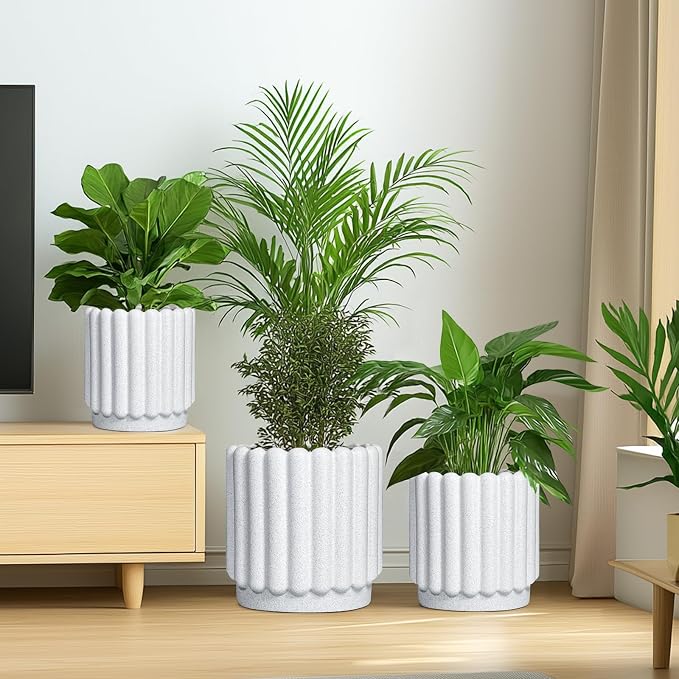 Ceramicfor Ceramic Flower Pots - 12 Inch Plant Pot Indoor Outdoor, Fluted Large Ceramic Planters with Drainage Hole, Modern Round Planters, Apartment Decor, Plant Lover Gifts, White