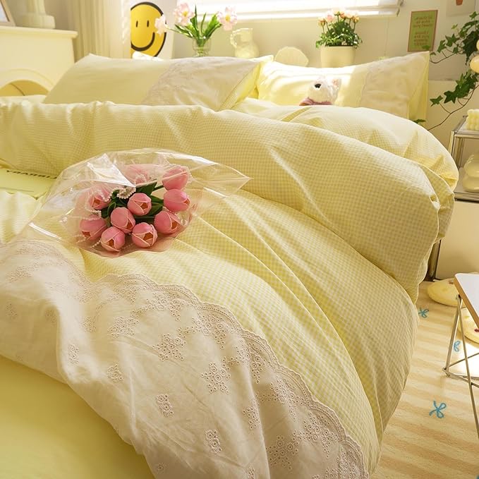LifeTB Yellow Gingham Duvet Cover Queen 3 Pieces Romantic Lace Comforter Cover Soft Microfiber Cream Yellow Grid Duvet Cover Farmhouse Plaid Checkered Comforter Cover Grid Gingham Bedding Set