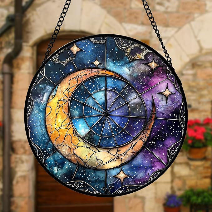 Stained Glass Window Hanging, Blue Starry Sky Moon Astrolabe Suncatcher for Doors Home Sun Catchers Decoration and Christmas, Mother's Day Birthday Gifts for Women, Men, and Mom 7.8 in