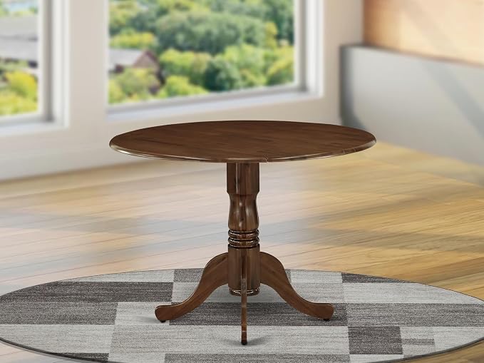 East West Furniture DLT-AWA-TP Dublin Dining Room Table - a Round Solid Wood Table Top with Dropleaf & Pedestal Base, 42x42 Inch, Walnut