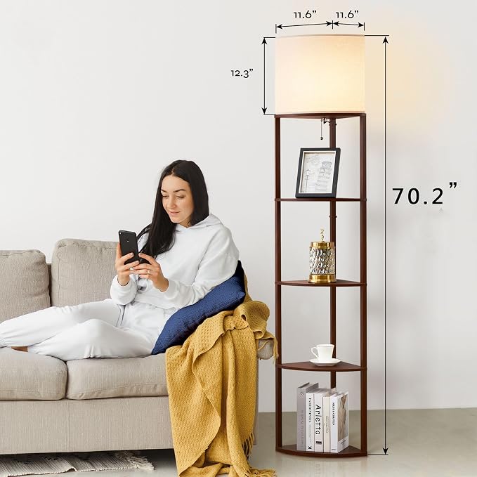 Corner Floor Lamp with Shelves, Tall Corner Lamp with Fabric Shade, Modern Torchiere Lamp for Living Room, Bedroom, Office, Corner Display Shelf with Light, Home Decor, Brown