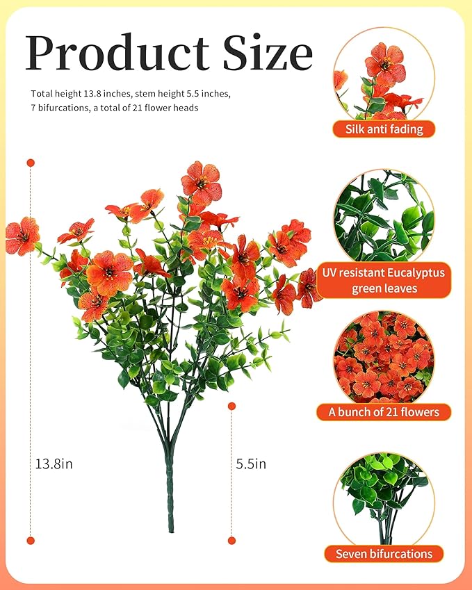 Fake Mums Faux Flowers for Outdoor Planters 16 Bundles UV Resistant Artificial Eucalyptus Plants Outside Fall Yard Decoration Realistic Silk Daisy Patio Front Porch Garden Pots Decor-Orange Red