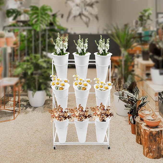DYRABREST Flower Display Stand with Buckets, White 3 Layers Metal Plant Stand with 9 Pieces Buckets, Moving Florist Bouquet Shelf for Fresh Flower Shop, for Patio Garden, Outdoor Flower Pop-Up Events