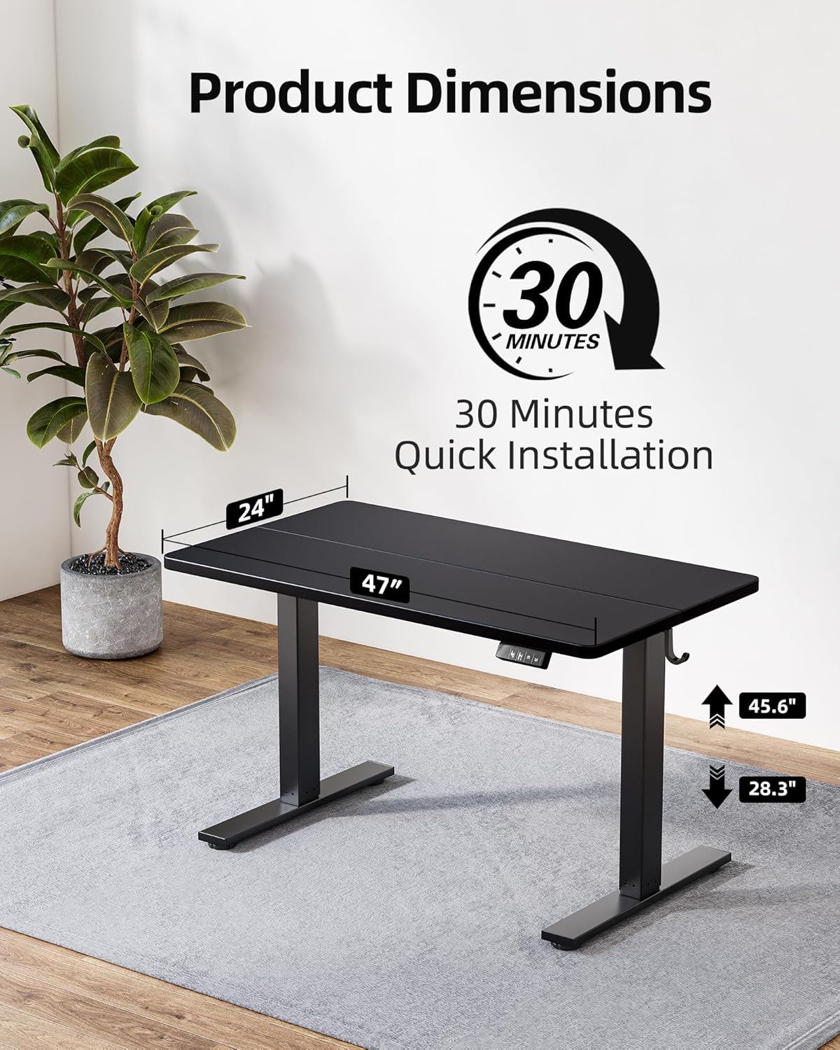 TIQLAB Electric Height Adjustable Standing Desk - 47 x 24 Inch, Black Frame with Splice Board | Ideal for Home Office