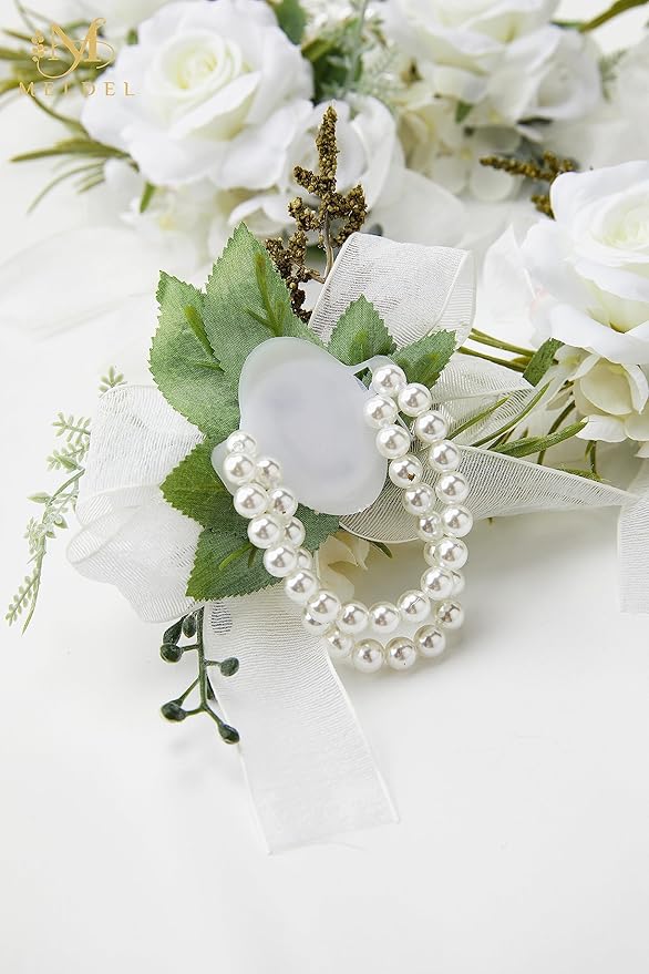 Meldel Wrist Corsage for Wedding, Set of 6, Elegant Artificial White Rose Pearl Wristband Wrist Corsage for Prom Homecoming Party, Perfect Accessories for Bride Bridesmaids, Mother of Bride and Groom