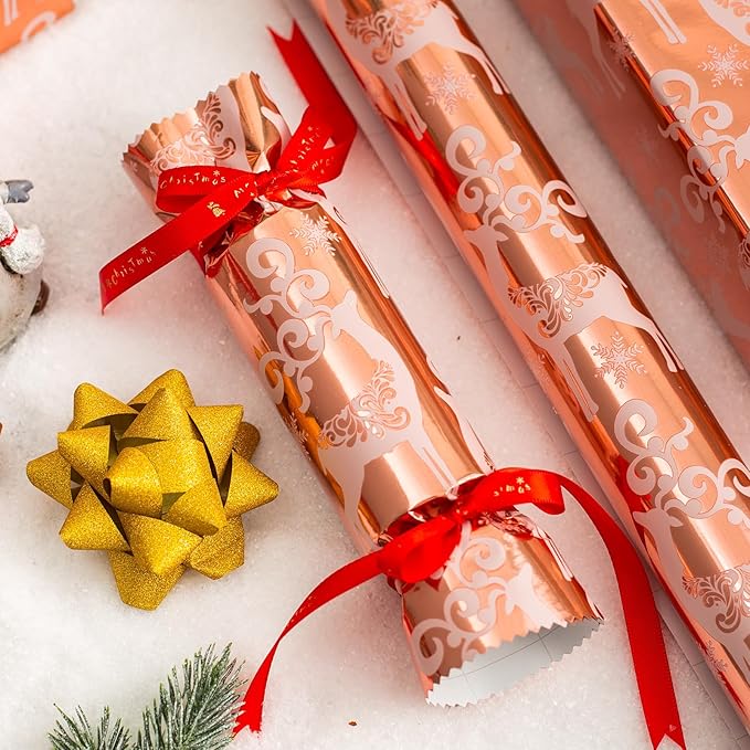 MAYPLUSS Christmas Reversible Wrapping Paper - Mini Roll - 17 Inch X 32.8 Feet - Rose Gold with Glitter Metallic Foil Design (47.3 sq.ft.ttl)