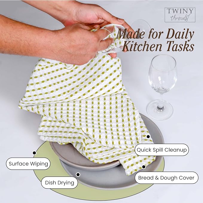 TWINY threads Waffle Kitchen Towels Set of 4, 16x26 Inches, 100% Cotton Waffle Weave Dish Cloth Pack, Super Absorbent & Fast Dry Tea Towels for Drying and Cleaning, Lemon Green, White