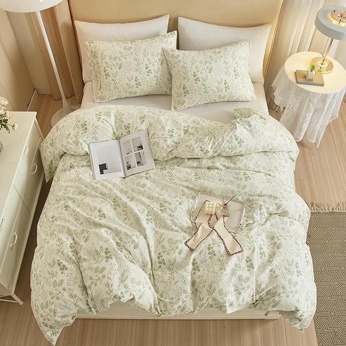 Vintage Boho Floral Duvet Cover King White Green Floral Print Bedding Set Cotton Botanical Floral Comforter Cover Garden Flowers Aesthetic Bedding Cover Boho Style King Duvet Cover with Zipper Closure