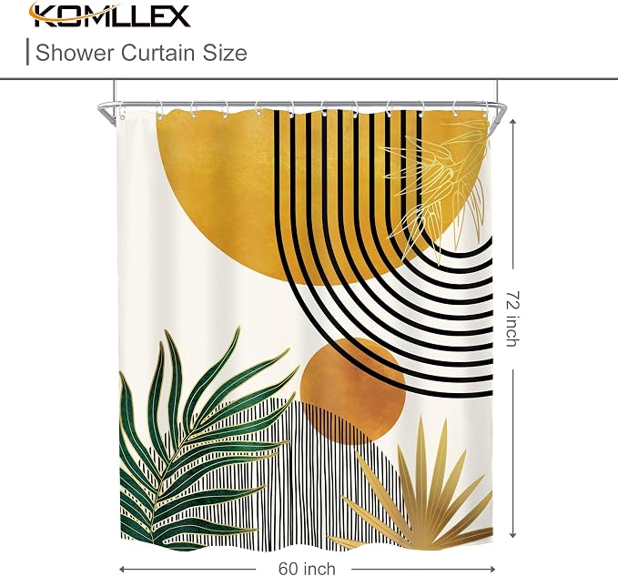 KOMLLEX Mid Century Boho Shower Curtain for Bathroom Decor Abstract Modern Sun Minimalist Aesthetic Arch Curve Leaves Geometric Yellow Gold Neutral Fabric Waterproof Polyester 12 Hook 60Wx72L