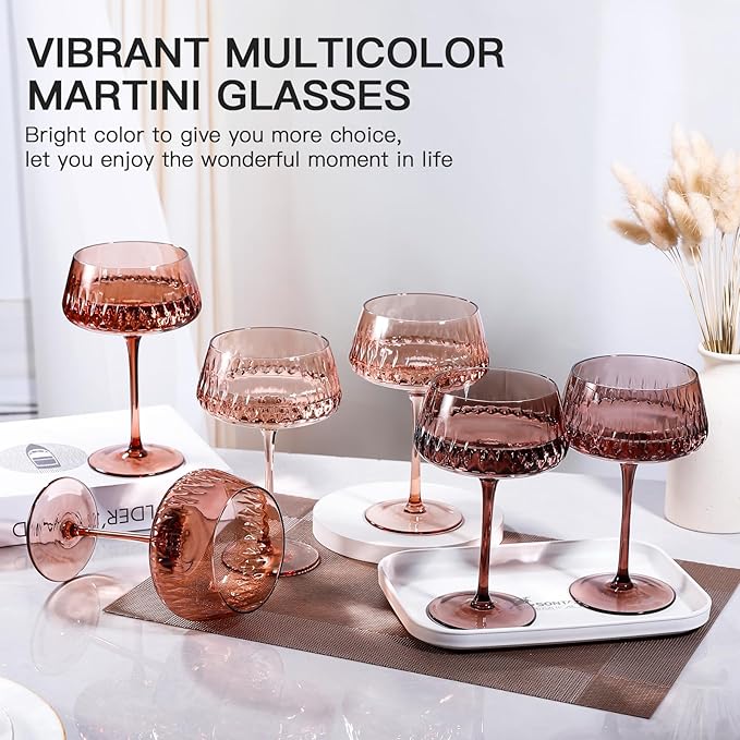 JOVGANK Amber Martini Glasses Set of 6, Hand Blown Colorful Glass 14Oz, Vintage Champagne Coupe Glasses, Large Brown Glass, Crystal Retro Style Bar Glasses, Housewarming and Mother's Day Gift