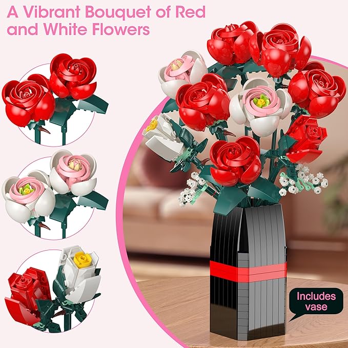 Roses Building Set with Vase, Flower Bouquet Building Kit for Home Office Decor - Flower Botanical Collection Toys Gift for Kids Girls and Adults Women on Valentine’s Day, Mother's Day - 841PCS