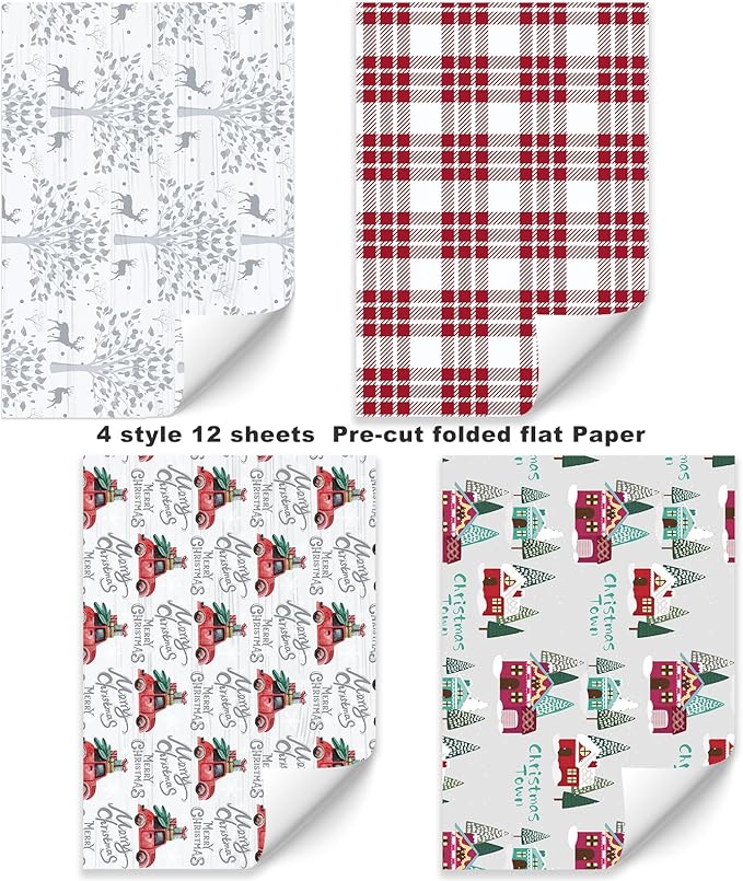 PlandRichW Christmas Wrapping Paper Folded 12 sheets for Kids Adults, 20 x 29 Inches Gift Wrap Paper Plaid, Barn, Red Truck, Moose, Woodland Scenes Designs