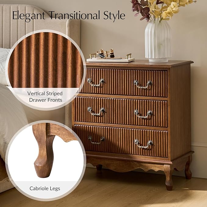 HULALA HOME Transitional Side Table Set of 2 with 3 Drawers and Charging Station, 28" Solid Paulownia Wood Sidetable with Vertical Stripe, Cherry