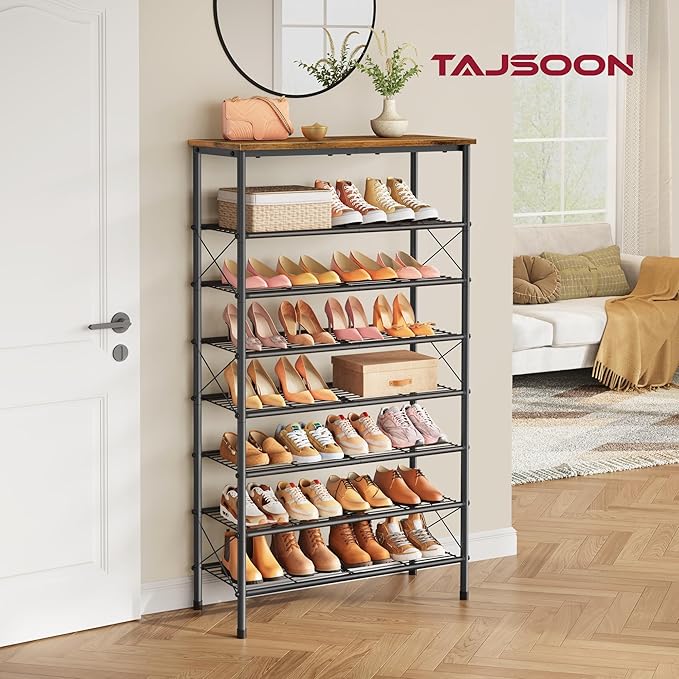 Tajsoon 8 Tier Free Standing Shoe Rack for 28-32 Pairs, X Shape Fixed Frame Metal Mesh Shoe Rack for Closet, Rustic Brown & Black