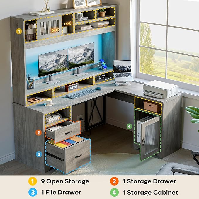 Bestier Farmhouse 63" L Shaped Desk with Hutch, Wood Computer Desk with Drawers, Charging Station, LED Light, Fluted Sliding Door Cabinet, Monitor Stand, Executive Desk for Home Office, Grey