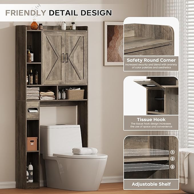 Over the Toilet Storage Cabinet, 31.1”W Bathroom Organizer with Double Doors, Above Toilet Rack, Detachable Toilet Paper Holder for Bathroom & Laundry Room Grey