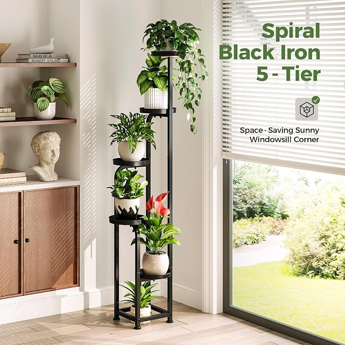 Bamworld Tall Plant Stand Indoor Outdoor, Corner Metal Flower Pot Stands for Multiple Plants, 5 Tier Heavy Duty Plant Shelf for Patio Garden Balcony Living Room Bedroom