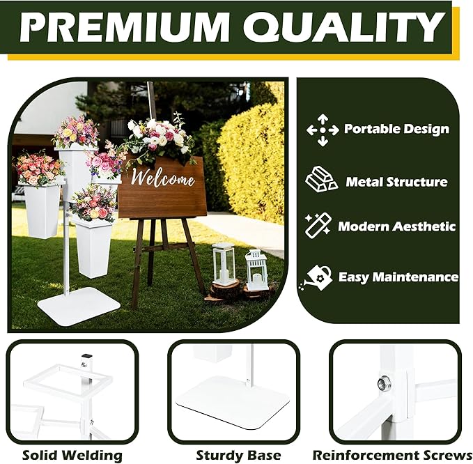 PROLEE Flower Display Stand with Buckets, Wedding Flower Cart Display Stand with Wheels,Flower Stand for Wedding Party, Events and Garden Decor (White)