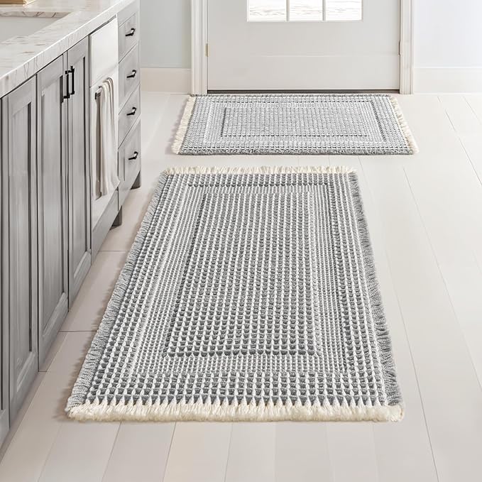 MIULEE Set of 2 Waffle Bathroom Rugs, Boho Bath Rug Super Absorbent, Non Slip Washable Ultra Soft Rubber Backed Shower Bath Mats for Floor, Tub, Looped Design, Lightgrey & Cream, 17"x24"+18"x30"