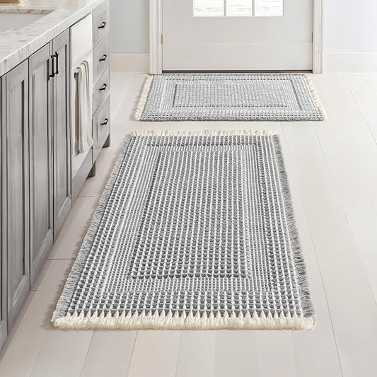 MIULEE Set of 2 Waffle Bathroom Rugs, Boho Bath Rug Super Absorbent, Non Slip Washable Ultra Soft Rubber Backed Shower Bath Mats for Floor, Tub, Looped Design, Lightgrey & Cream, 17"x24"+18"x30"