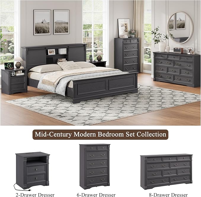 Grey Dresser for Bedroom, Farmhouse 6 Chest of Drawers, 47" Tall 6 Drawer Dresser Storage with Wood Pilasters and Metal Handles, Vintage Design, Drawer Organizer for Bedroom, Hallway