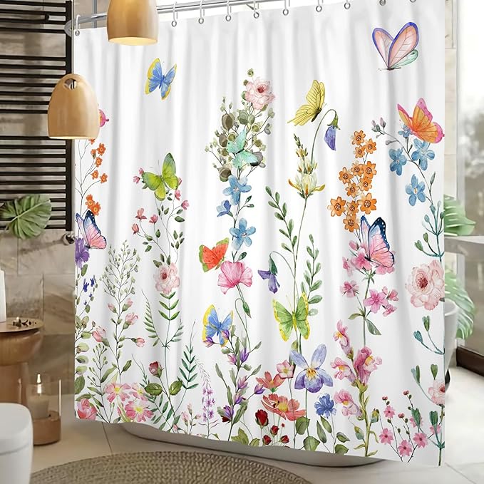 Spring Floral Butterfly Shower Curtain Summer Colorful Wildflowers Botanical Shower Curtain for Rustic Vintage Bathroom Decor Easter Shower Curtain Set 72x96 Inches