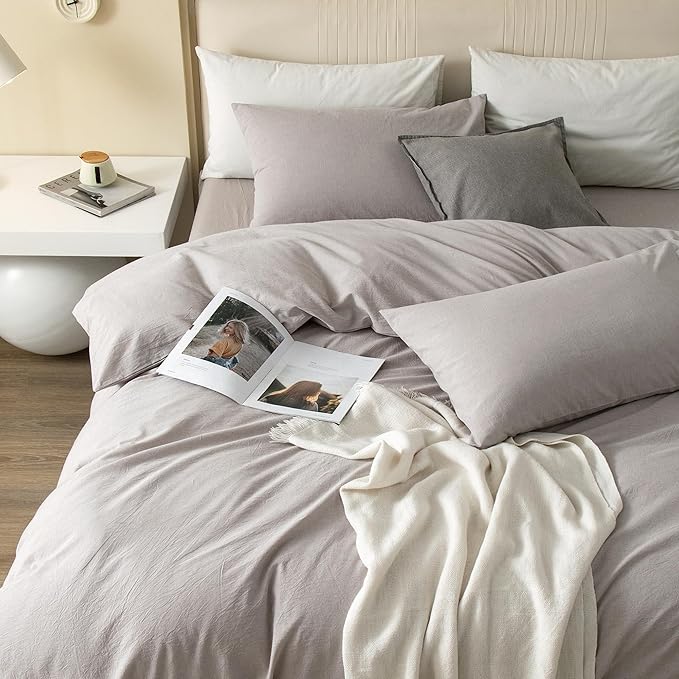 JIYUAN 100% Washed Cotton Duvet Cover Set 3 Pieces Queen, 1 Duvet Cover 90x90 Inches(Comforter Not Included) and 2 Pillowcases,Linen Feel Bedding Set Comfy and Breathable, Heathered Linen