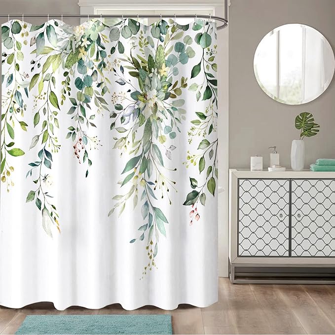 84 Inch Extra Long Green Eucalyptus Shower Curtain Watercolor Floral Plant Leaf Shower Curtains for Bathroom Botanical Flower Waterproof Fabric Bath Curtain with Hooks (Green, 72'' x 84'')
