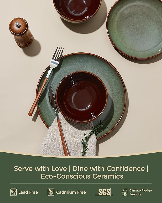 Pokini 32 Piece Double Bowl Dinnerware Sets with Pasta Bowls, Highly Chip and Crack Resistant Plates and Bowls Sets, Natural Earthyware Ceramic Dishware Sets, Service for 8 Sage Green
