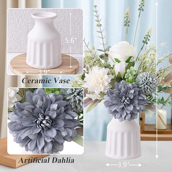 Fake Flowers in Vase, Artificial Flowers with Vase, 15.7'' Floral Arrangements for Dining Table Centerpiece Decor, Silk Roses & Faux Dahlia Bouquet for Farmfouse Kitchen Coffee Table Decor (Blue)