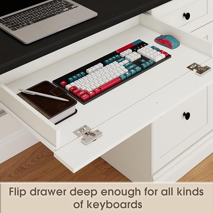 60.5" Executive Office Desk, Classic Computer Desk with File Drawer, Keyboard Tray Cabinet Storage, Farmhouse Wood Writing Desk for Home Office or Study, White with Black Desktop