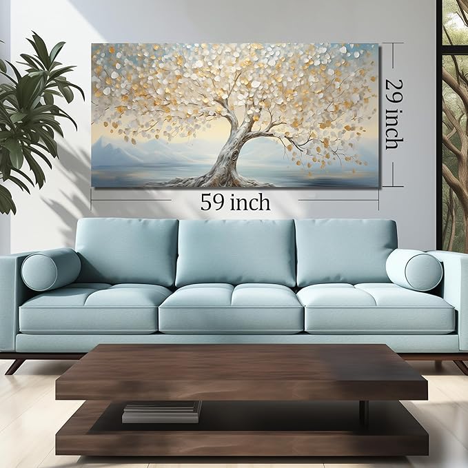 Large Tree Decor Art Bedroom Gold Canvas Wall Decor Light Blue Picture Wall Art for Living Room Office 29" x 59" White Artwork Poster