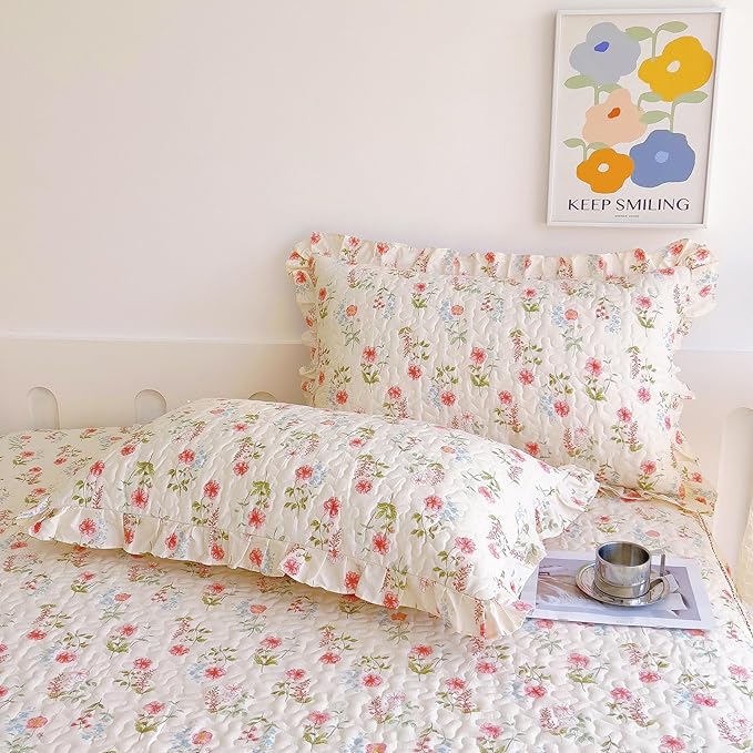 EAVD French Garden Style Pink Flower Duvet Cover with Ruffles Queen Soft Cotton Chic Shabby Pink Floral Bedding Set with 2 Pillowcases Romantic Botanical Print Duvet Cover with Zipper Closure