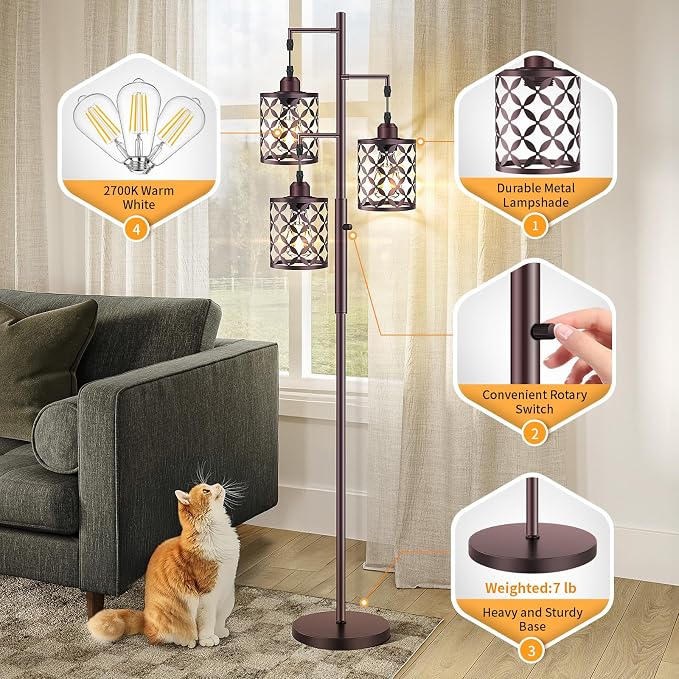 Dimmable Floor Lamp, Farmhouse Standing Lamp with Elegant Metal Cage, Industrial Tall Tree Floor Lamps for Living Room, Bedroom, Study Room, Office, 2000LM LED Bulbs Included - 68", Brown