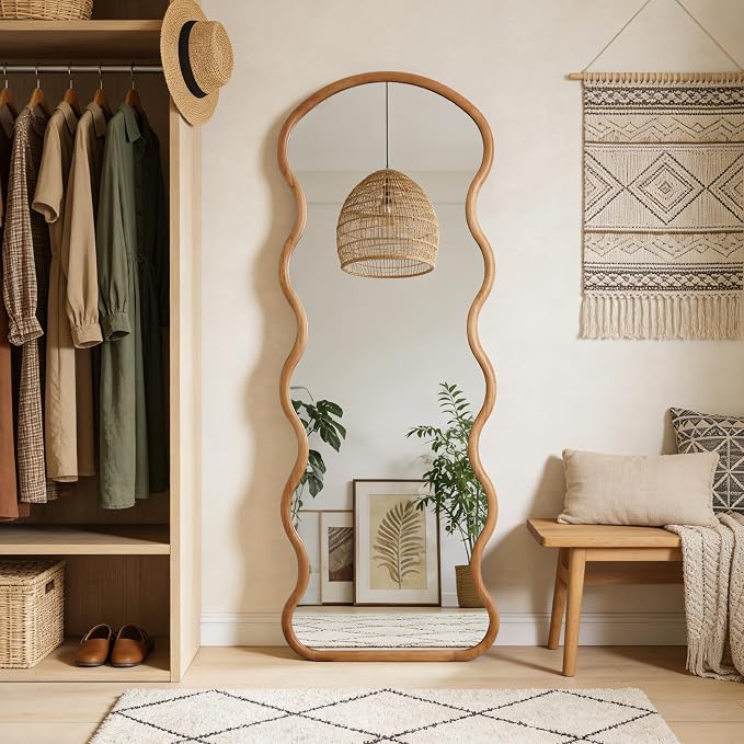 WallBeyond 24"x65" Full Length Wood Arched Mirror, Natural Wood Boho Accent Mirror with Wavy Design, Decorative Floor or Wall Mounted for Bedroom