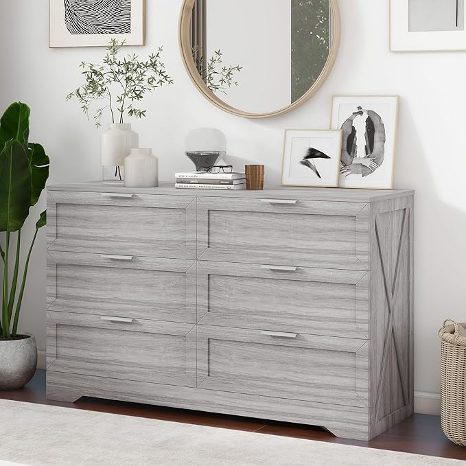 Modern 6-Drawer Dresser for Bedroom, Dresser Chest of Drawer with Large Drawers & Silver Handles, Wooden Dressers Drawers Storage Unit for Bedroom, Living Room, Closet (Wash Grey)