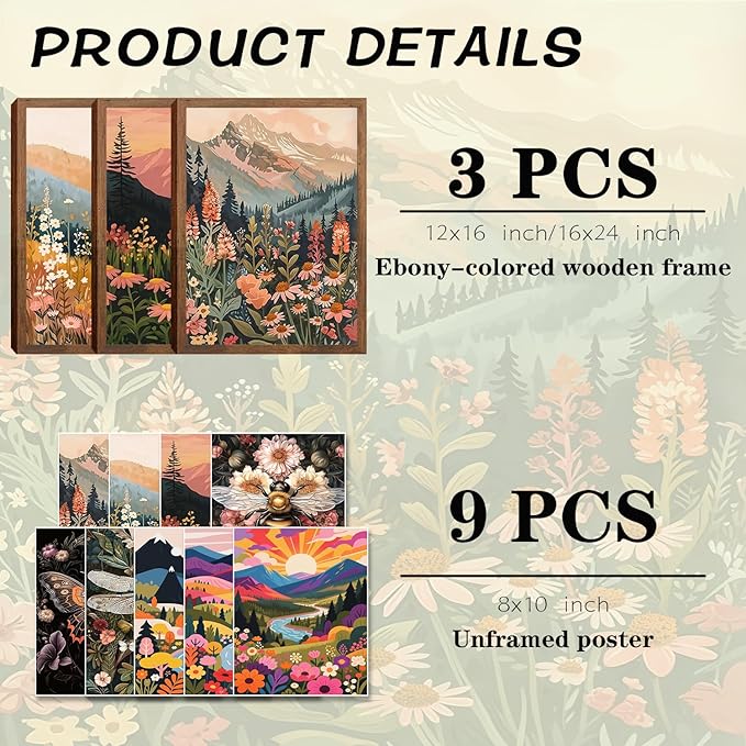 Colorful Nature Floral Wall Art Set of 3 24x16in Wood Framed, with 9 Bonus 8x10in Poster Art Prints, Boho Retro Wildflower Landscape Artwork Wall Decor for Living Room Bedroom Home Decor