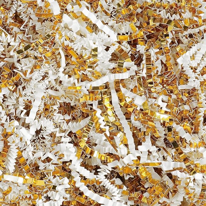Uptotop 6oz Crinkle Cut Paper Shred Filler for Gift Wrapping Basket Filling, Birthday, Christmas, Thanksgiving, Wedding, Mother's Day (White and Gold)