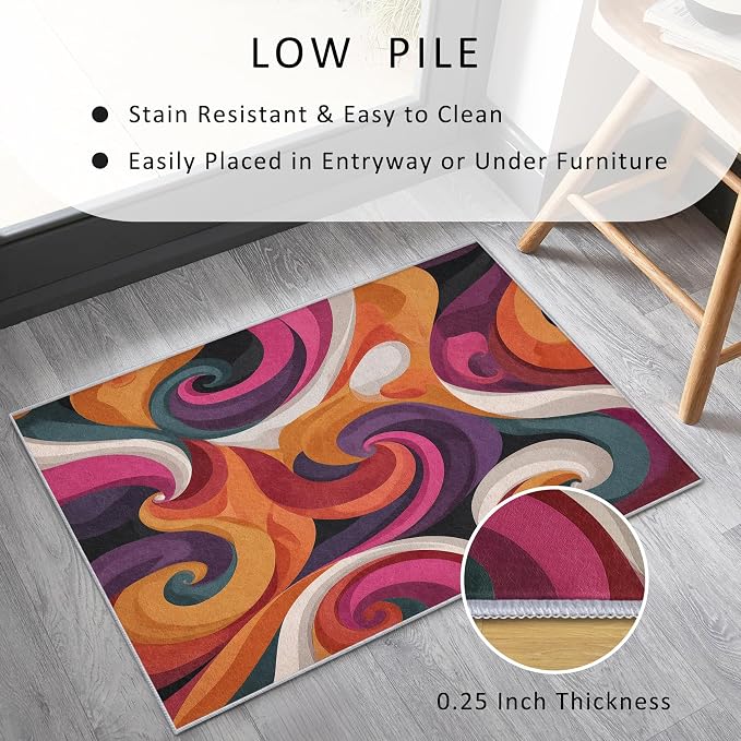 70s Rug Square 8x8 Retro Funky Hippie Psychedelic Swirl Pattern Area Rugs for Living Room, Bedroom, 70s Home Decor Accessories Indoor Carpet, Non Slip & Machine Washable, GD0402
