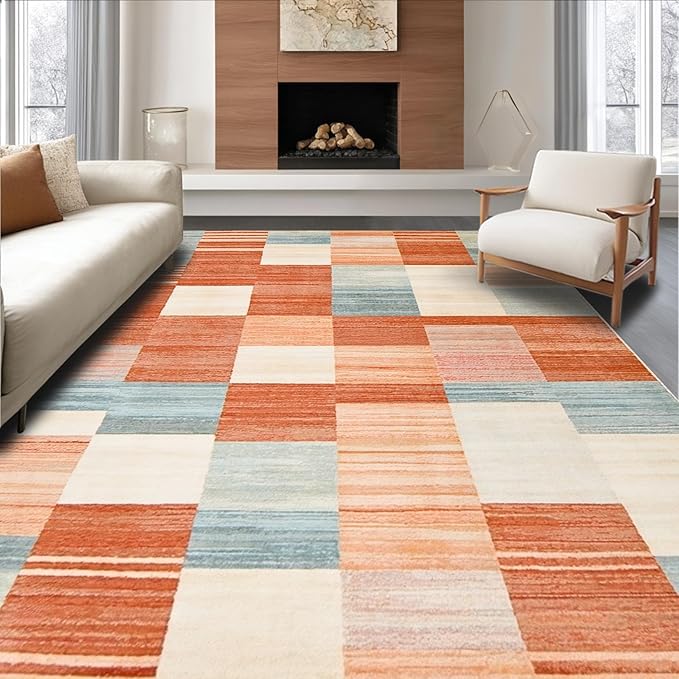 Flatwoven High Traffic Area Rug 6x9, Eclectic Layered Geometric, Non Slip, Stain Resistant, Washable Area Rugs for Living Room, Bedroom (Orange, 6x9)