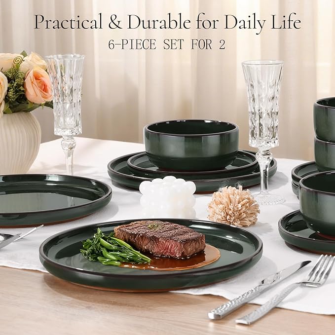E-far Stoneware Dinnerware Sets for 2, 6 Pieces Reactive Glaze Plates and Bowls Sets, Elegant Dishes with Rustic Terracotta Base, Dishwasher & Microwave Safe, Scratch Resistant, Blackish Green