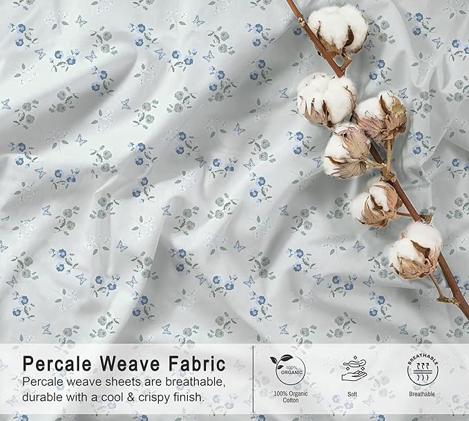 RUVANTI 100% Organic Cotton Sheets Twin XL, Percale Weave, GOTS Certified, 3-Piece Set, Deep Pocket 15", Crisp & Breathable, Soft Durable Bedding, Sábanas Algodón Orgánico – Butter Flight