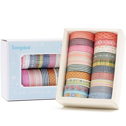 Songdao 20 Rolls Basic Washi Tape Set Japanese Arts Adhesive Tapes Simple Patterns Decorative Masking Tape Sets for Craft, Kids, Scrapbook, DIY, Gift Wrapping (Style Three)